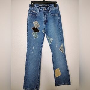 R.V.T Serve Piping Hot Patchwork Blue Jeans Sz 5/6 High Rise Straight Leg NWOT